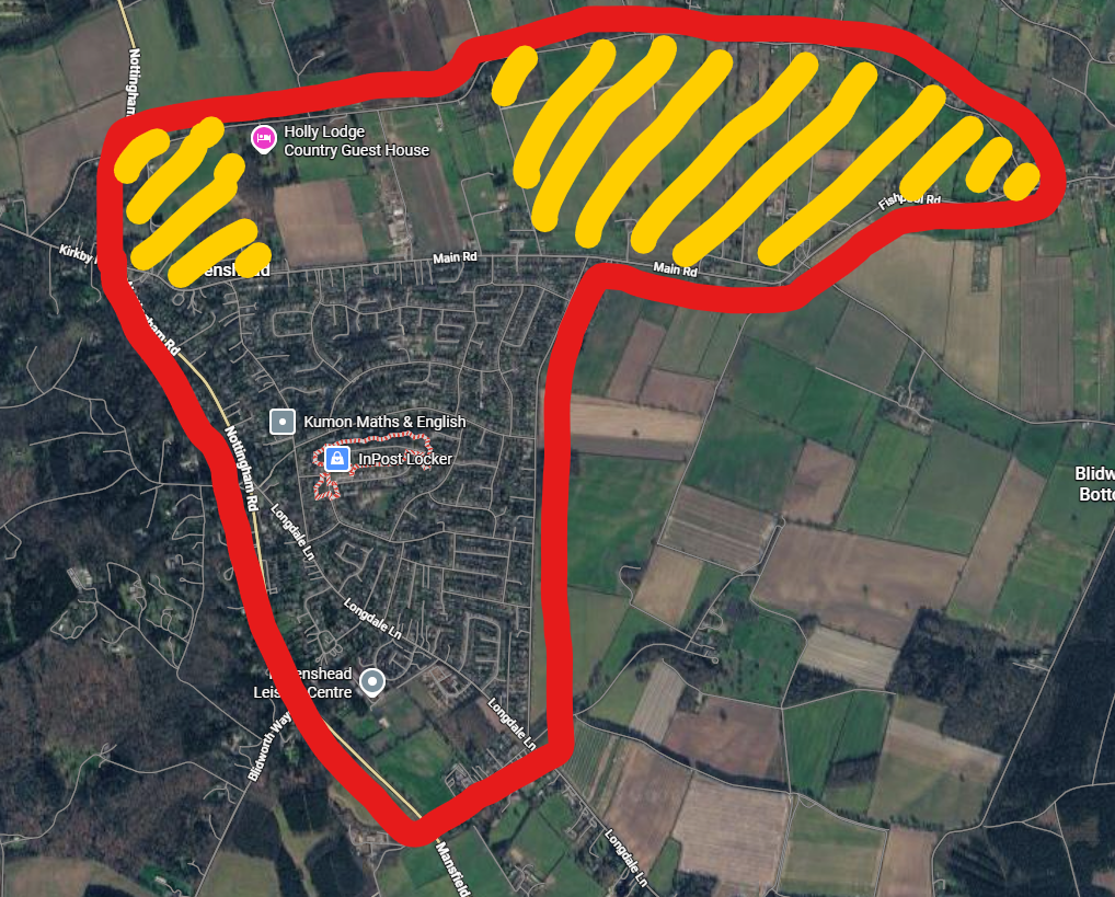 Map showing Ravenshead defensible lines if HOU14 is passed, with yellow areas showing future predicted planning proposals